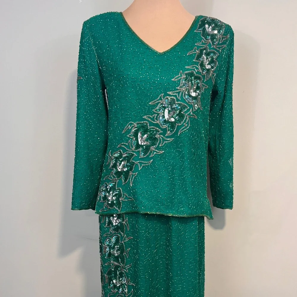 Linsiano Vintage Hand Beaded Emerald Green Formal‎ Skirt Set Small